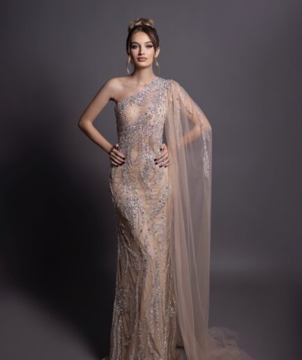 Glimmering Grace Nude Lace Mermaid Gown with Sleeve Cape