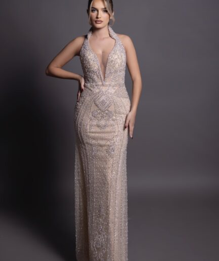 Celestial Charm Nude Lace Mermaid Gown with Unique Neckline