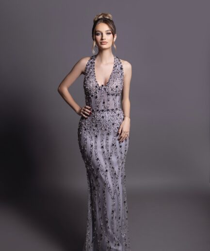 Moonlit Mist Blue-Gray Gown with Intricate Detailing