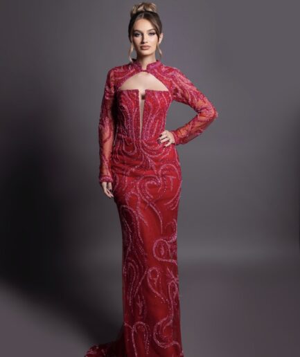 Crimson Allure Mermaid Gown with Intricate T-Neckline