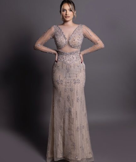 Ethereal Grace A-Line Lace Gown with Silver Filigree Bodice