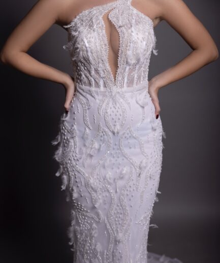 Ivory Elegance Feathered Mermaid Gown with Intricate Detailing