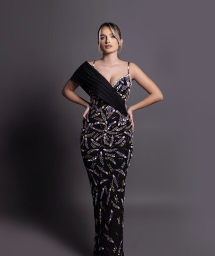 Ebony Seashell Draped Gown with Intricate Details